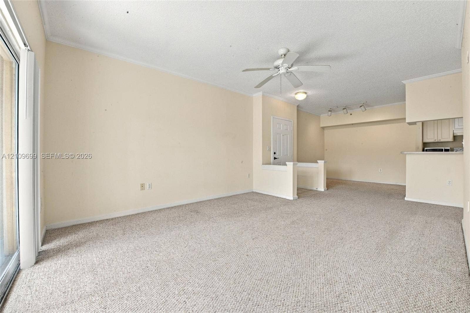 Interior space featuring neutral carpeting, a ceiling fan with integrated lighting, track lighting, and a sliding glass door