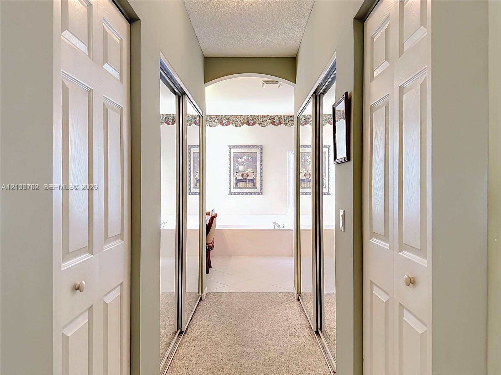 Hallway featuring six-panel doors, dual mirrored sliding closet doors, and an arched entry