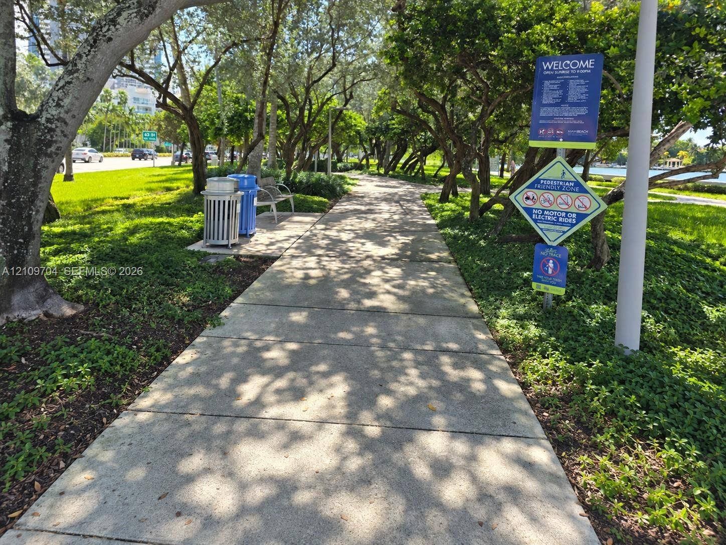 6770 Indian Creek Drive, #14C, Miami Beach, FL 33141 Paved concrete pedestrian pathway lined with mature canopy trees and manicured ground cover