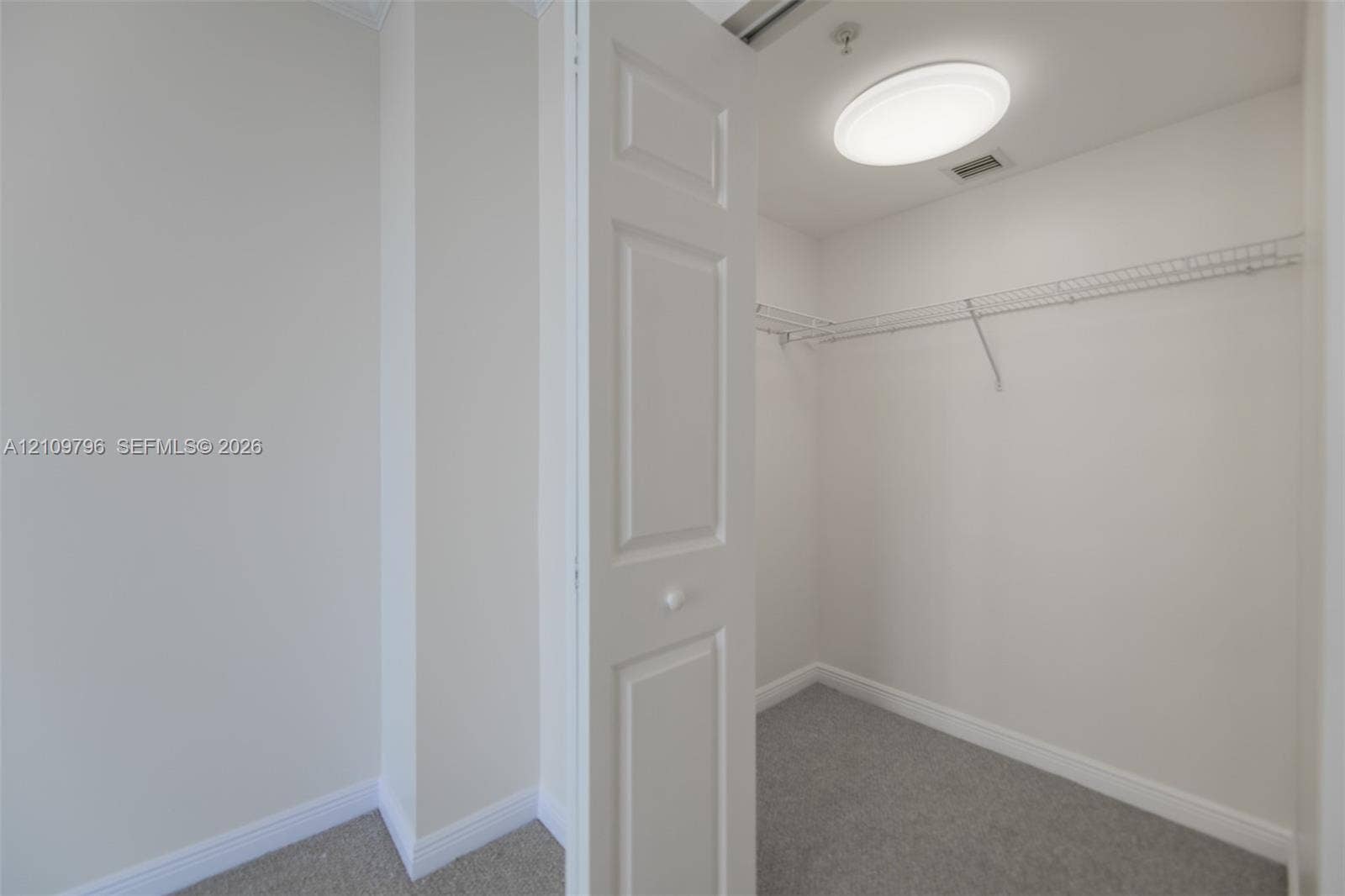Walk-in closet featuring carpeted flooring, white paneled bifold doors, and wire shelving