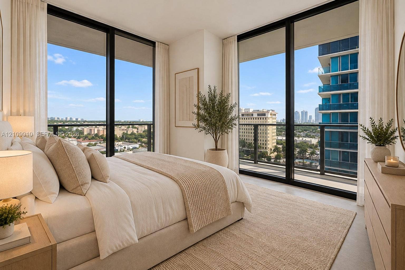 1170 E Hallandale Beach Boulevard, #908, Hallandale Beach, FL 33009 Floor-to-ceiling windows with dark framing, metal balcony railings, and neutral flooring