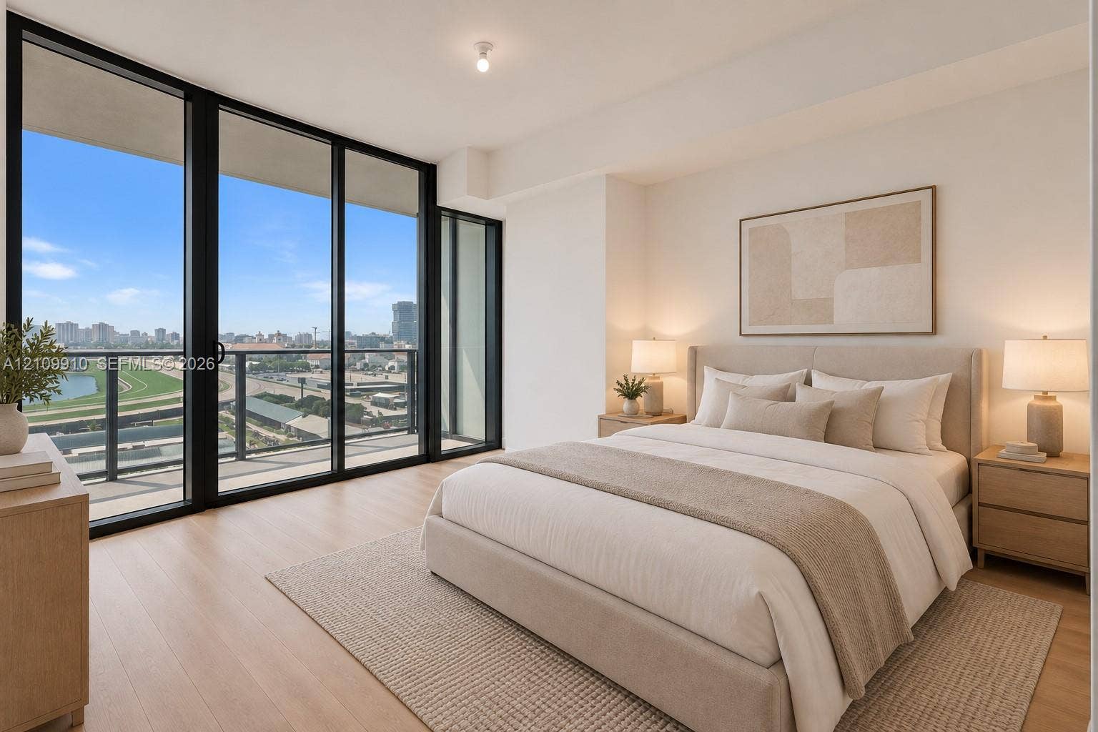 1170 E Hallandale Beach Boulevard, #908, Hallandale Beach, FL 33009 Floor-to-ceiling glass sliding doors, private balcony, wood-finish flooring, and neutral wall tones