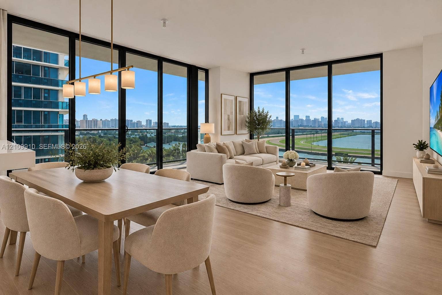 1170 E Hallandale Beach Boulevard, #908, Hallandale Beach, FL 33009 Floor-to-ceiling windows, wood-finish flooring, linear pendant lighting, and private balcony access