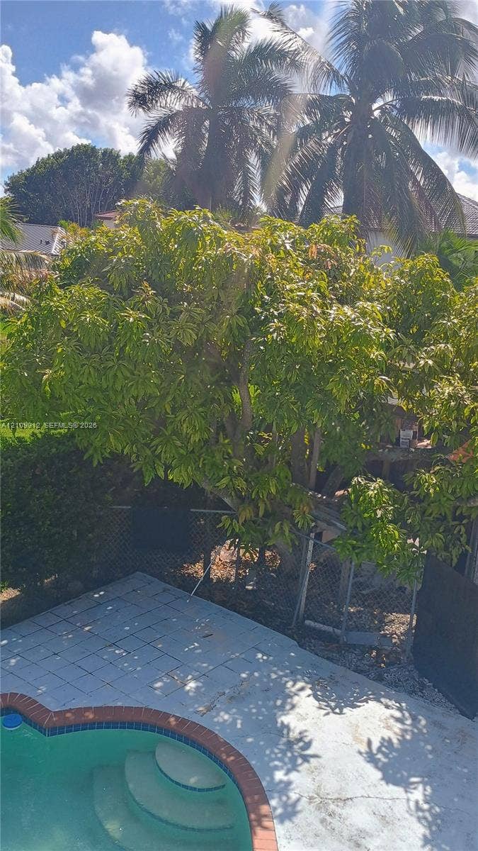 3253 SW 150 Court, Miami, FL 33185 Outdoor space featuring an in-ground swimming pool with brick-style coping, a concrete patio, and mature landscaping including palms and shade trees