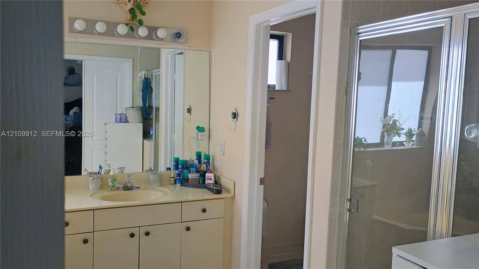 3253 SW 150 Court, Miami, FL 33185 Bathroom featuring a vanity with integrated sink, large wall-mounted mirror, multi-bulb light fixture, and a glass-enclosed shower