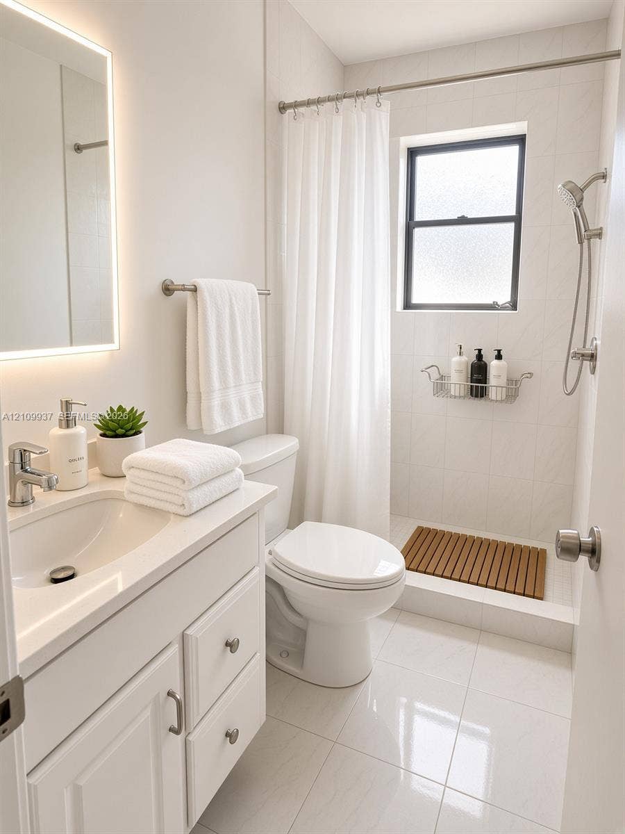1024 Tyler Street, #2, Hollywood, Hollywood, FL 33019 Bathroom featuring a white vanity cabinet, a wall-mounted lighted mirror, polished ceramic floor tile, and a walk-in shower with tiled surround and an adjustable-height handheld fixture