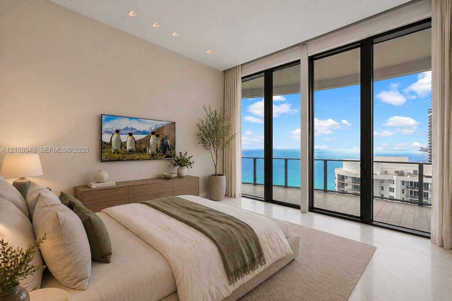 Floor-to-ceiling windows, light-tone flooring, recessed ceiling lighting, and a private balcony featuring a metal railing with ocean and coastal scenery