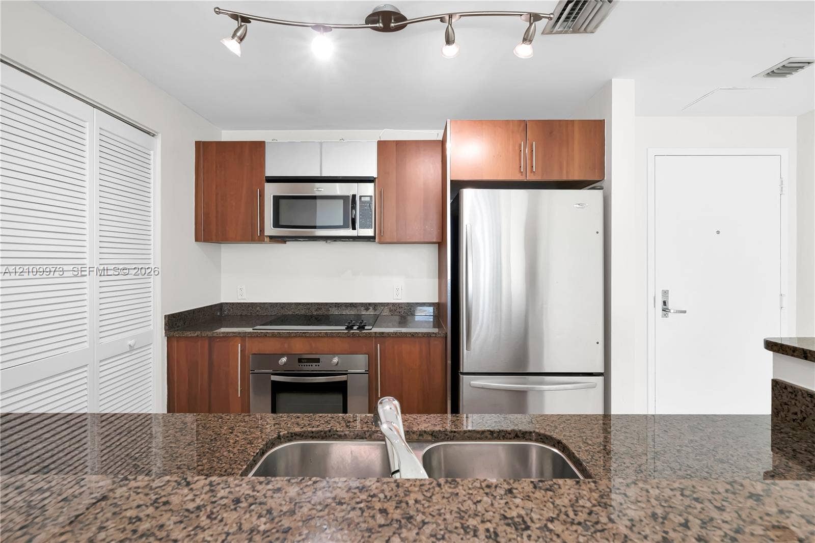 300 S Biscayne Boulevard, #T-1806, Miami, Miami, FL 33131 Kitchen featuring natural wood cabinetry, stone countertops, stainless steel appliances, double-basin undermount sink, and track lighting