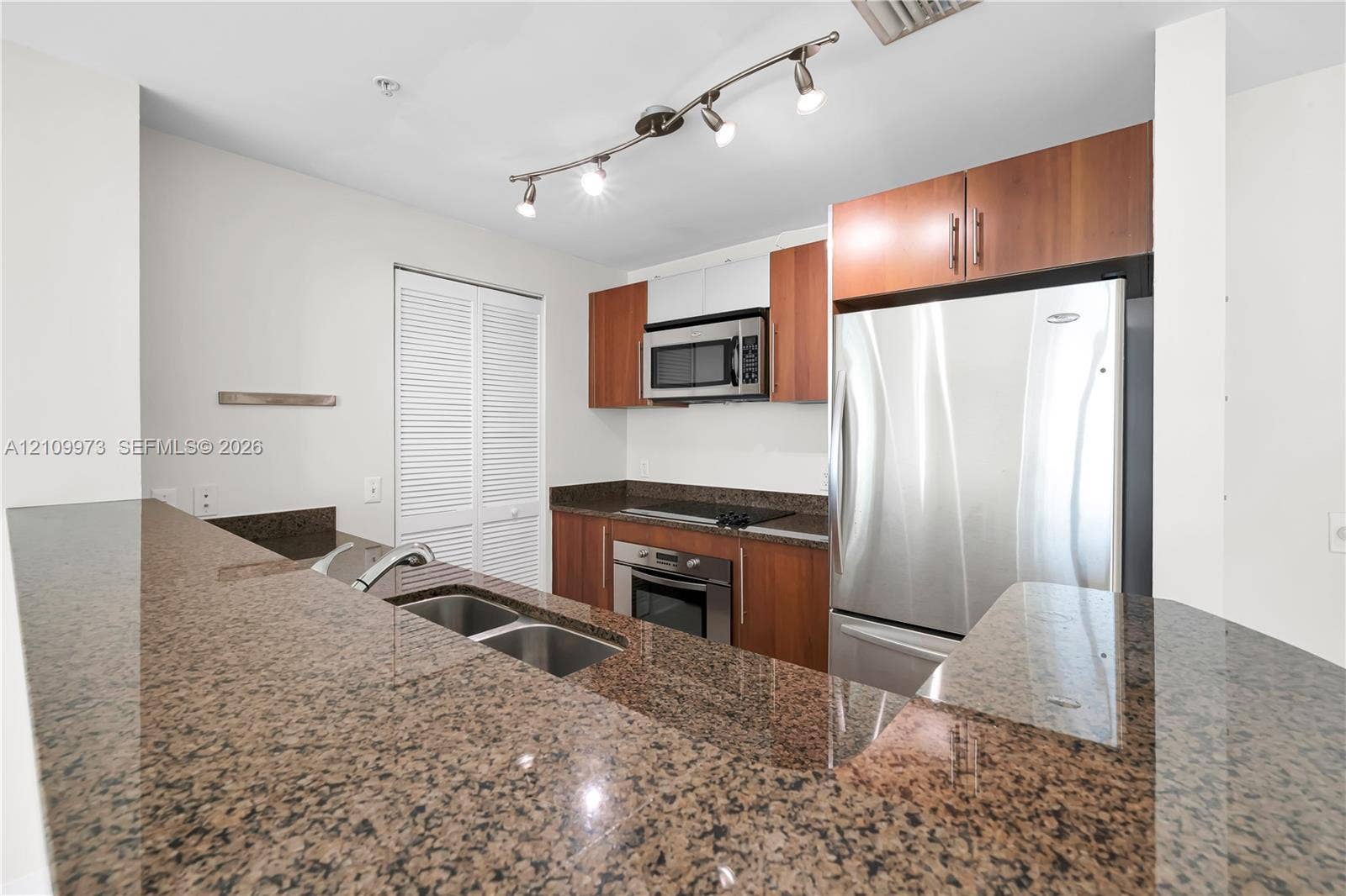 300 S Biscayne Boulevard, #T-1806, Miami, Miami, FL 33131 Kitchen featuring polished stone countertops, wood-finish cabinetry, stainless steel appliances, double-basin undermount sink, and track lighting