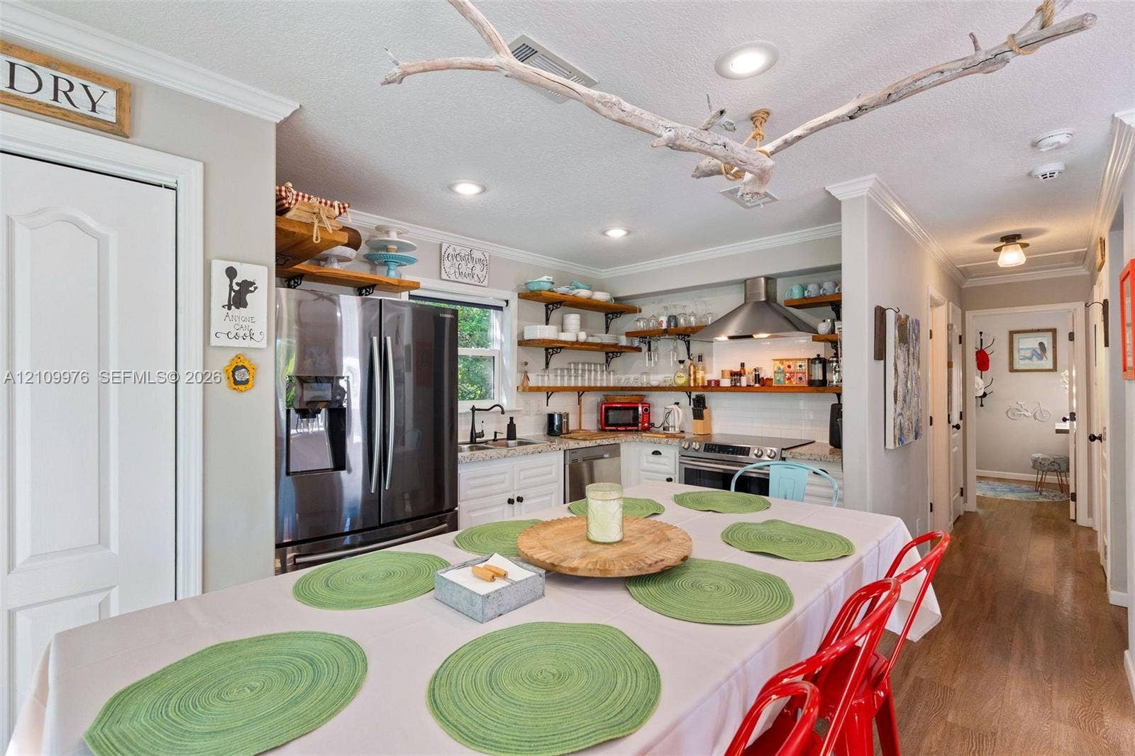43 Waterways Drive, Key Largo, FL 33037 Kitchen featuring white cabinetry, stone-finish countertops, stainless steel appliances, open shelving, and recessed lighting