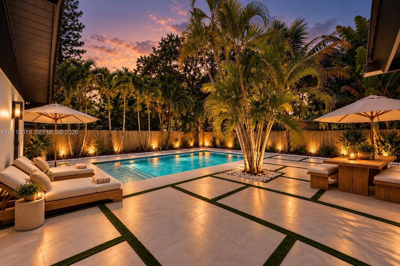 1708 SW 11th Street, Fort Lauderdale, Fort Lauderdale, FL 33312 In-ground swimming pool featuring a geometric paver patio with turf inlays, mature palm landscaping, vertical wood-slat perimeter fencing, and integrated landscape lighting