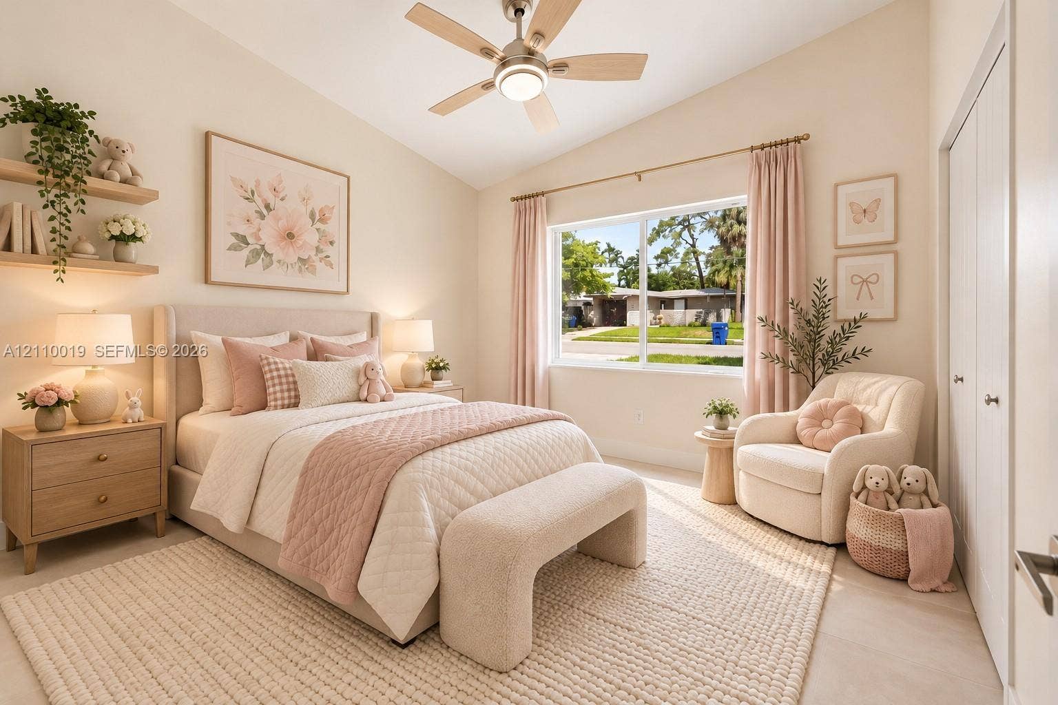 1708 SW 11th Street, Fort Lauderdale, Fort Lauderdale, FL 33312 Vaulted ceilings, large picture window with natural light, multi-blade ceiling fan with integrated lighting, and two wall-mounted floating wood shelves