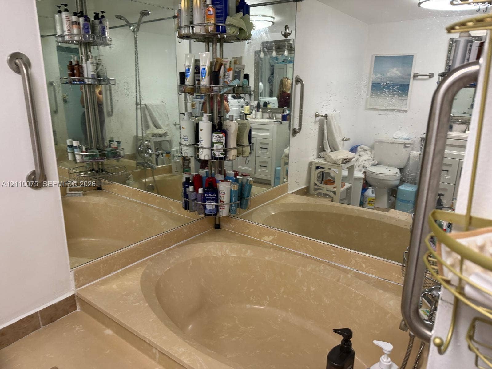 2017 S Ocean Drive, #208, Hallandale Beach, Hallandale Beach, FL 33009 Built-in soaking tub with surround, wall-to-wall mirrors, and stainless steel grab bars