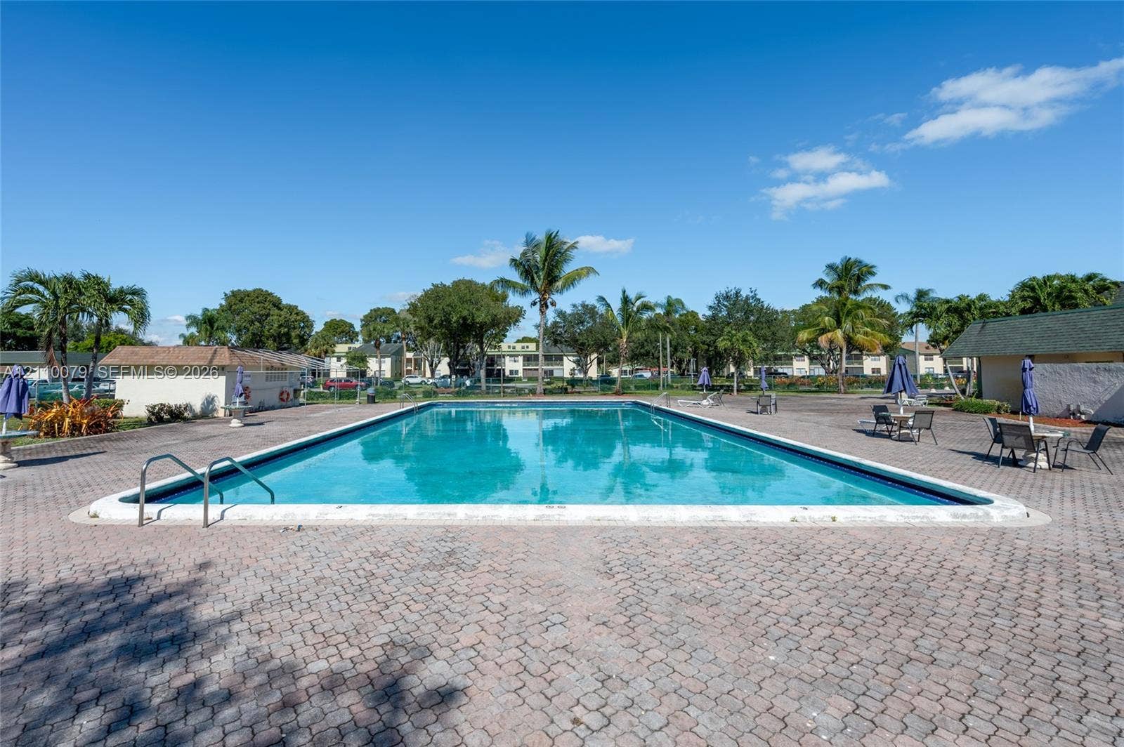 4106 NW 88th Avenue, #3, Coral Springs, FL 33065 Rectangular in-ground swimming pool featuring a brick paver deck, metal entry ladders, and mature palm trees