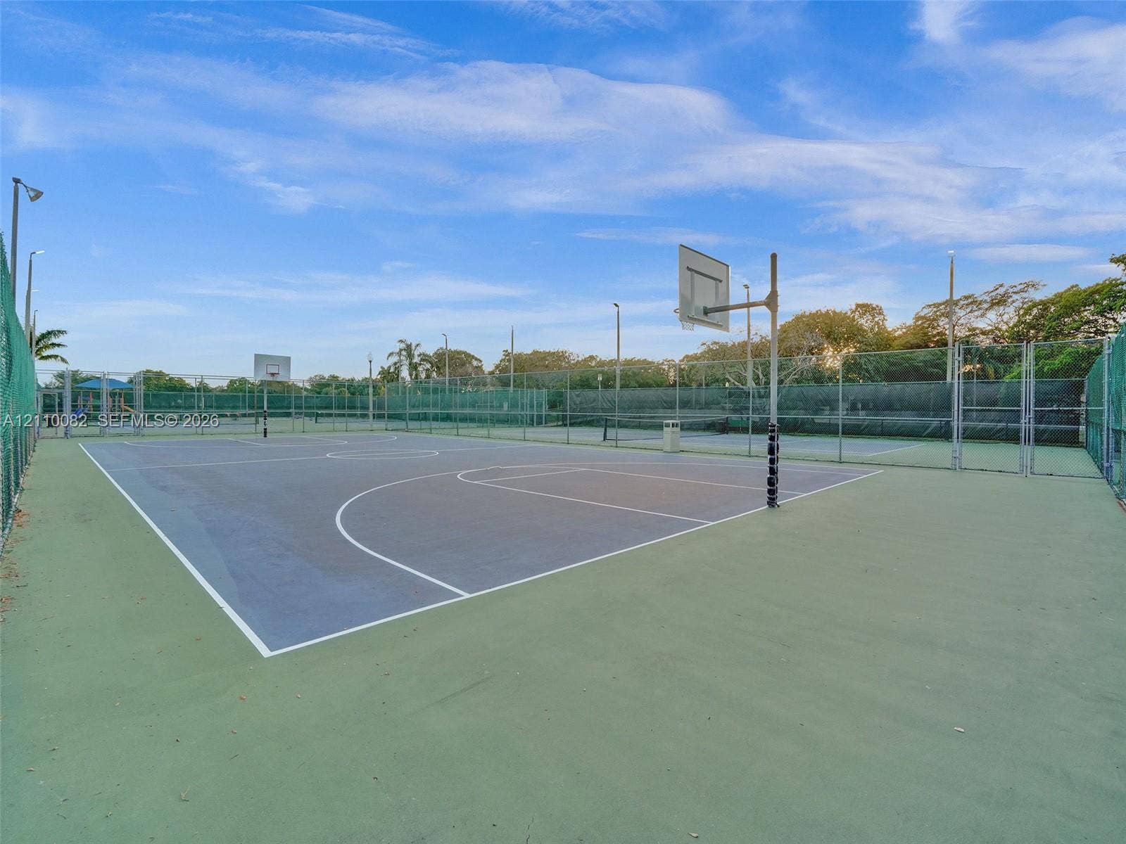 Outdoor sport court featuring a hard surface, dual basketball hoops, integrated perimeter fencing, and overhead light fixtures