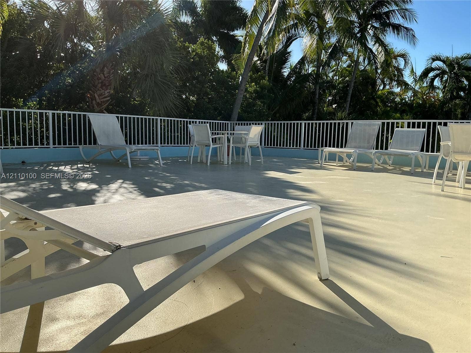 Expansive sun deck featuring a solid-surface finish, white metal railing, and mature palms