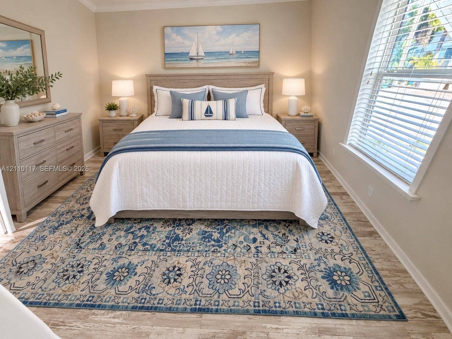Neutral-toned interior featuring wood-finish flooring and a multi-pane window with horizontal blinds