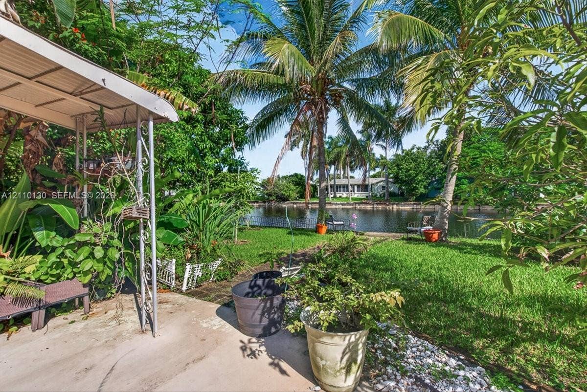 Waterfront backyard featuring a manicured lawn, metal-framed patio cover, and mature palm trees