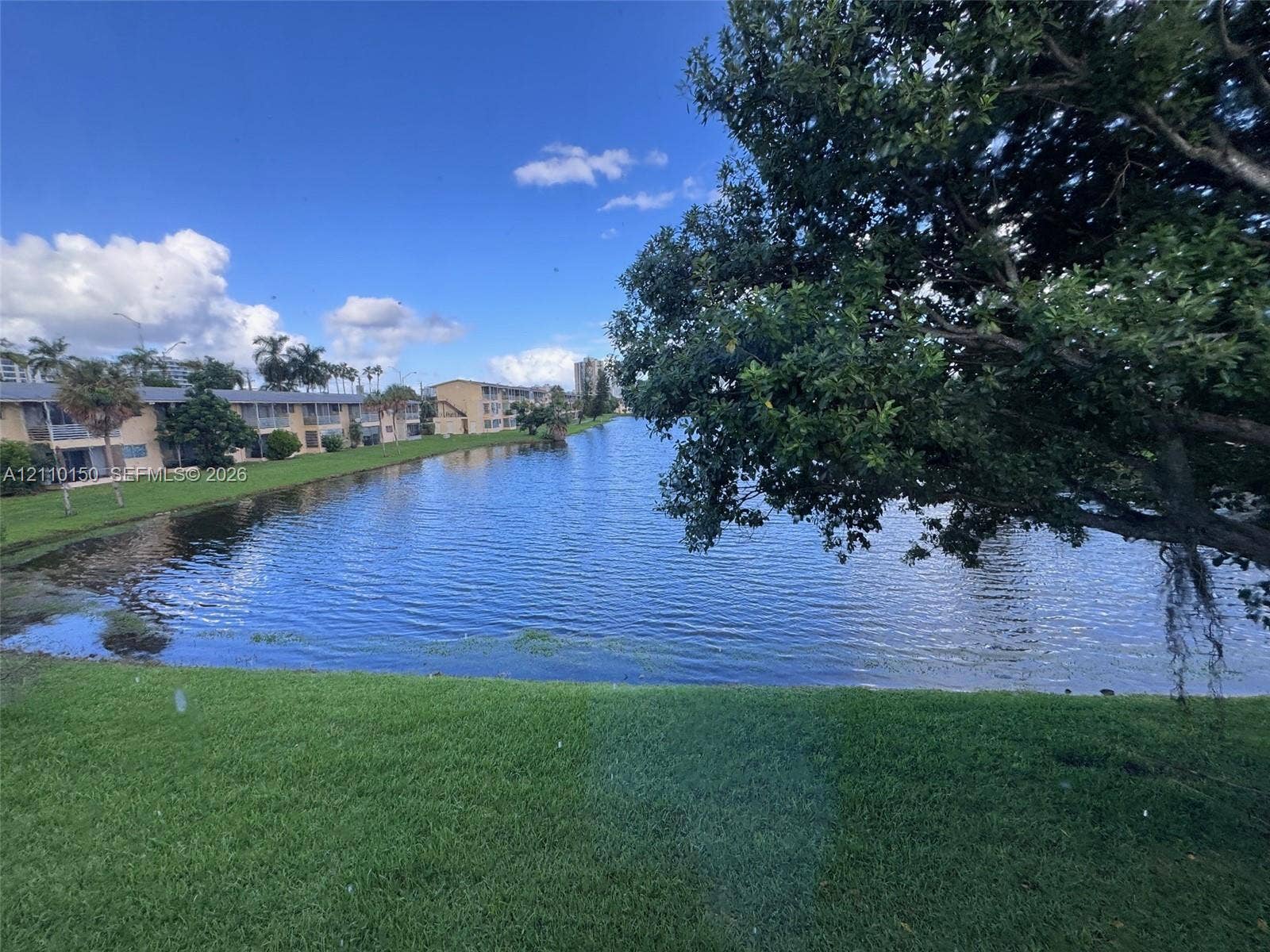 20111 NE 27th Court, #K212, Aventura, Aventura, FL 33180 Waterfront property featuring a manicured lawn, mature trees, and a lake shoreline