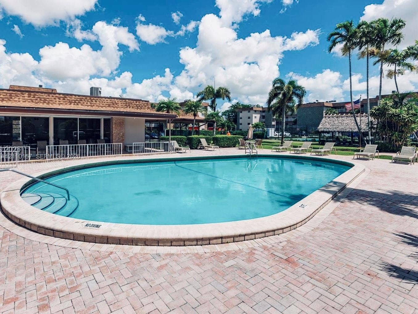 Davie, Davie, FL 33324 Oval-shaped swimming pool with built-in stairs, surrounded by a herringbone-patterned brick paver deck and mature palm trees
