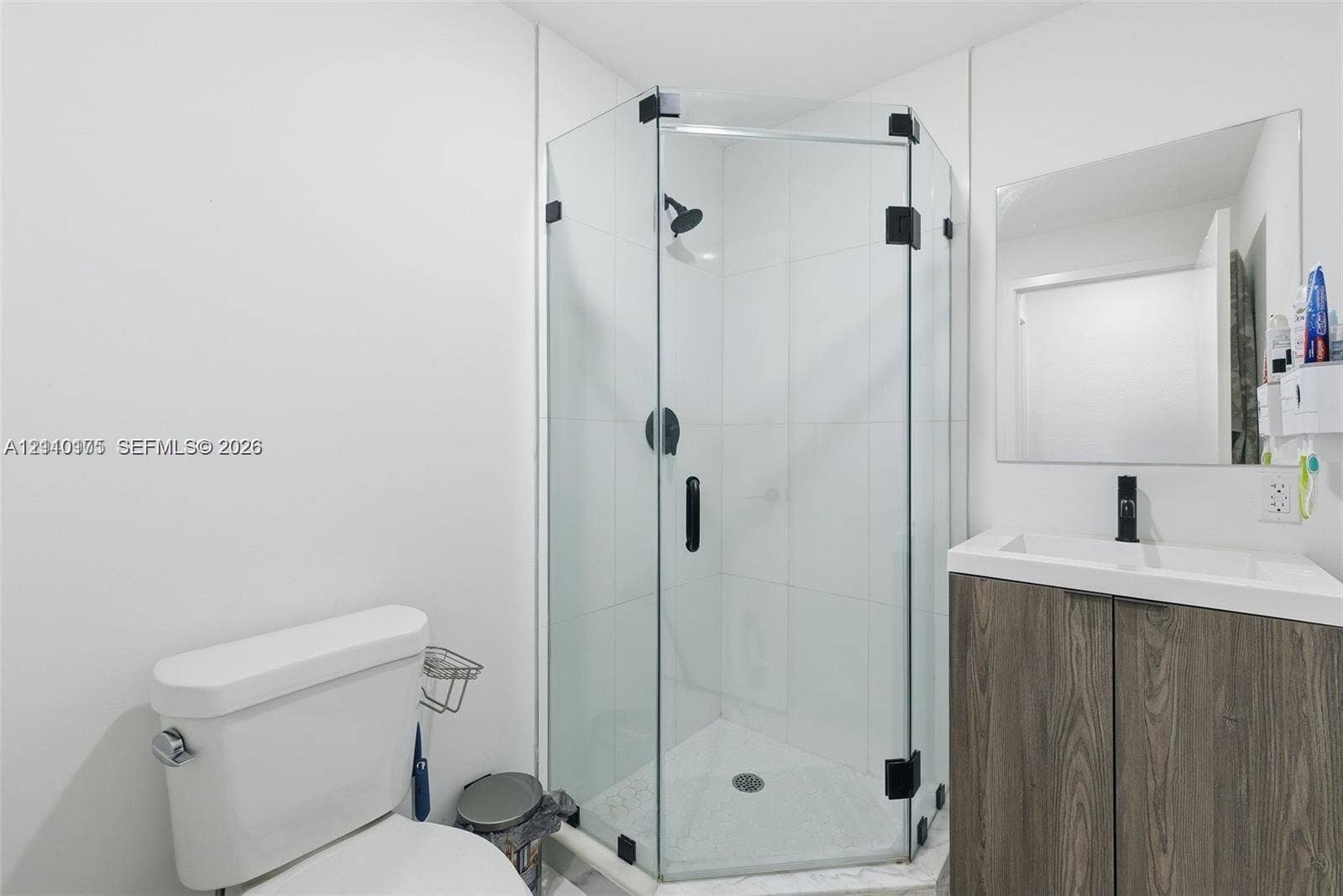26122 SW 145th Court, #26122, Homestead, Homestead, FL 33032 Corner shower enclosure with glass panels, wood-finish vanity with integrated sink, matte black hardware, and wall-mounted mirror