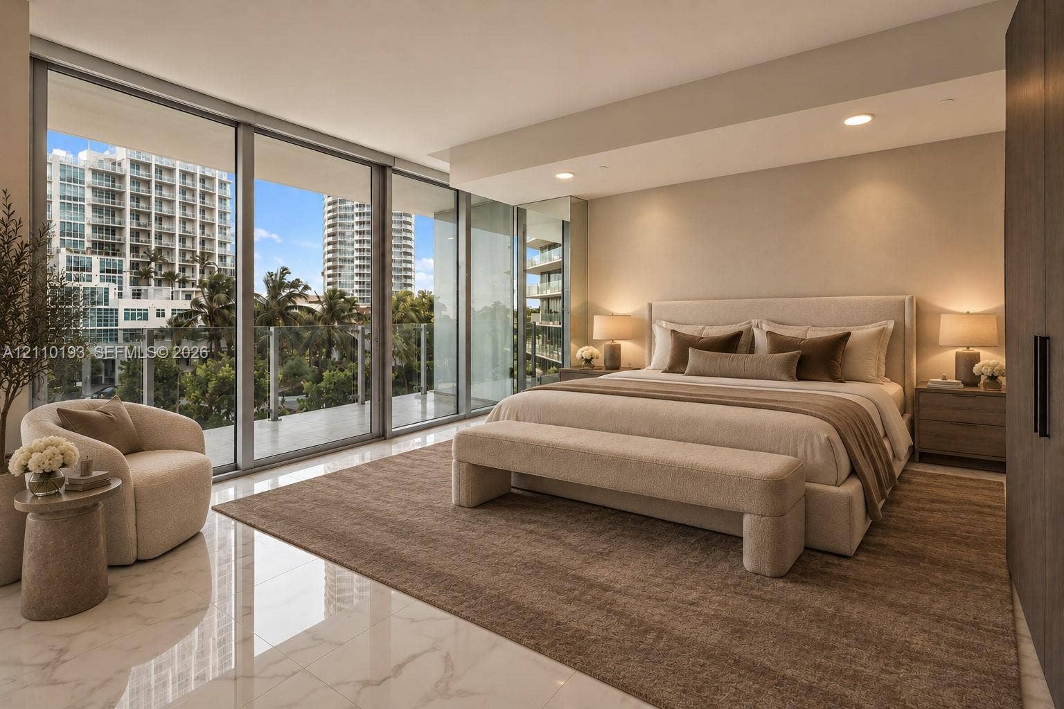 Floor-to-ceiling glass walls, polished stone-finish flooring, private balcony with glass railing, and custom full-height cabinetry