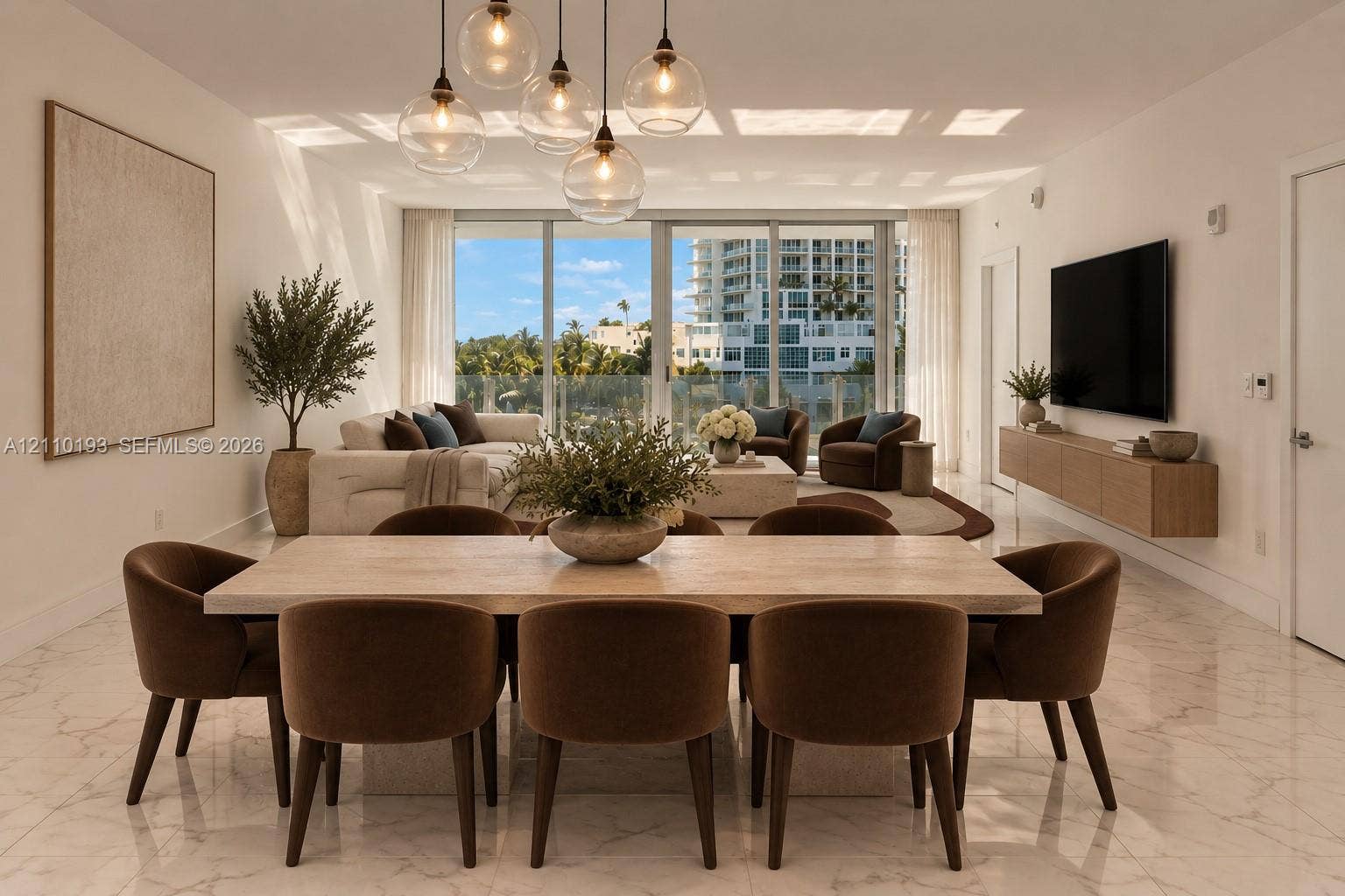 Open-concept living space featuring floor-to-ceiling glass panels, polished stone flooring, virtual staging