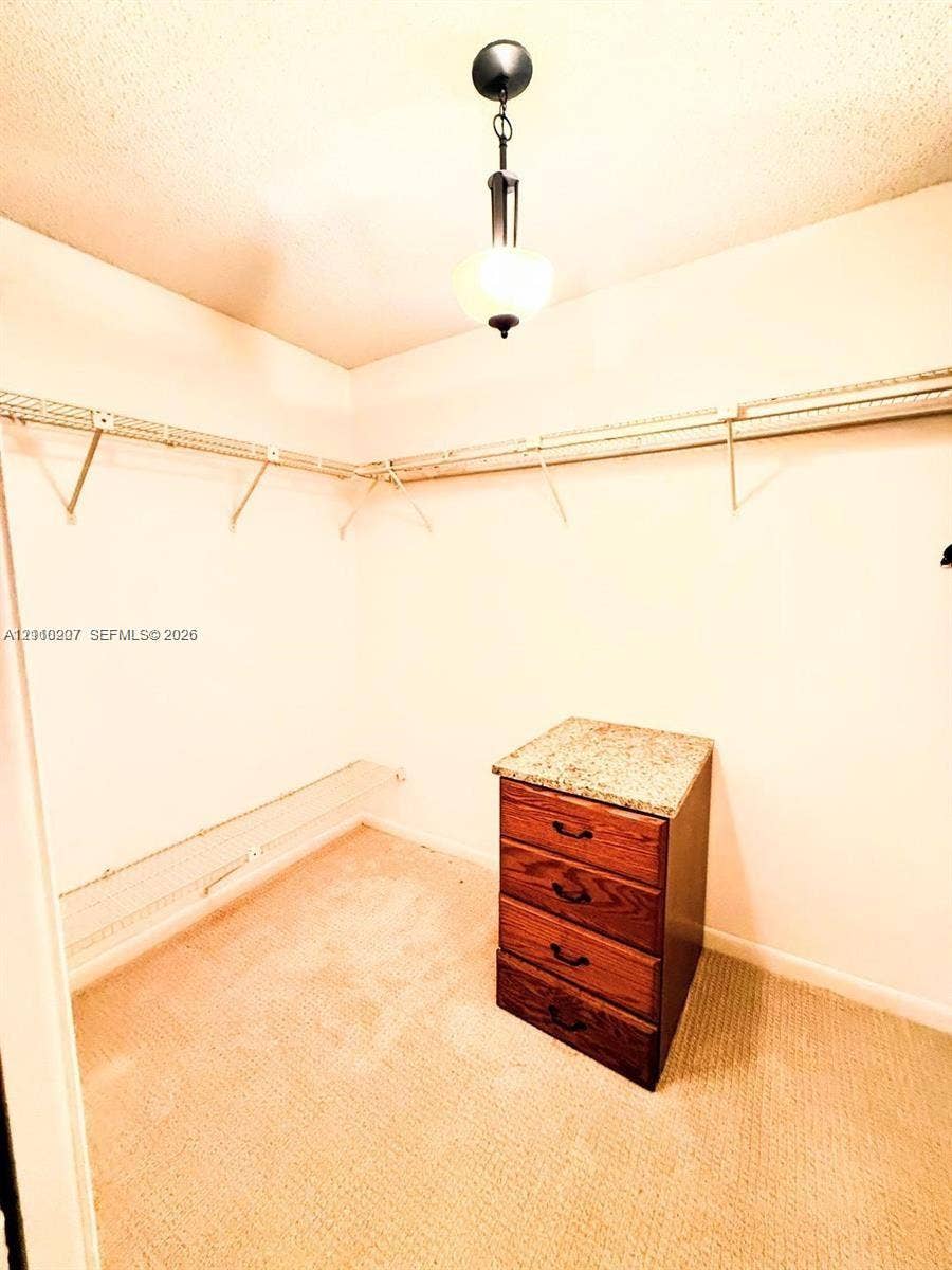766 NW 24th Avenue, Delray Beach, FL 33445 Storage area featuring wall-mounted wire shelving, built-in wooden cabinetry with a stone-finish countertop, and a centered pendant light fixture