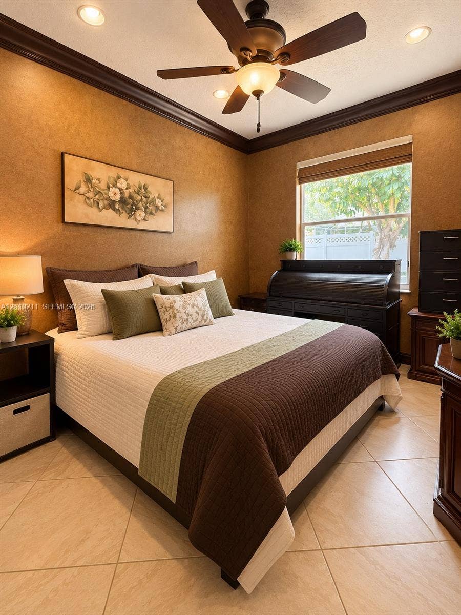 Interior room featuring crown molding, recessed lighting, tile flooring, and a ceiling fan