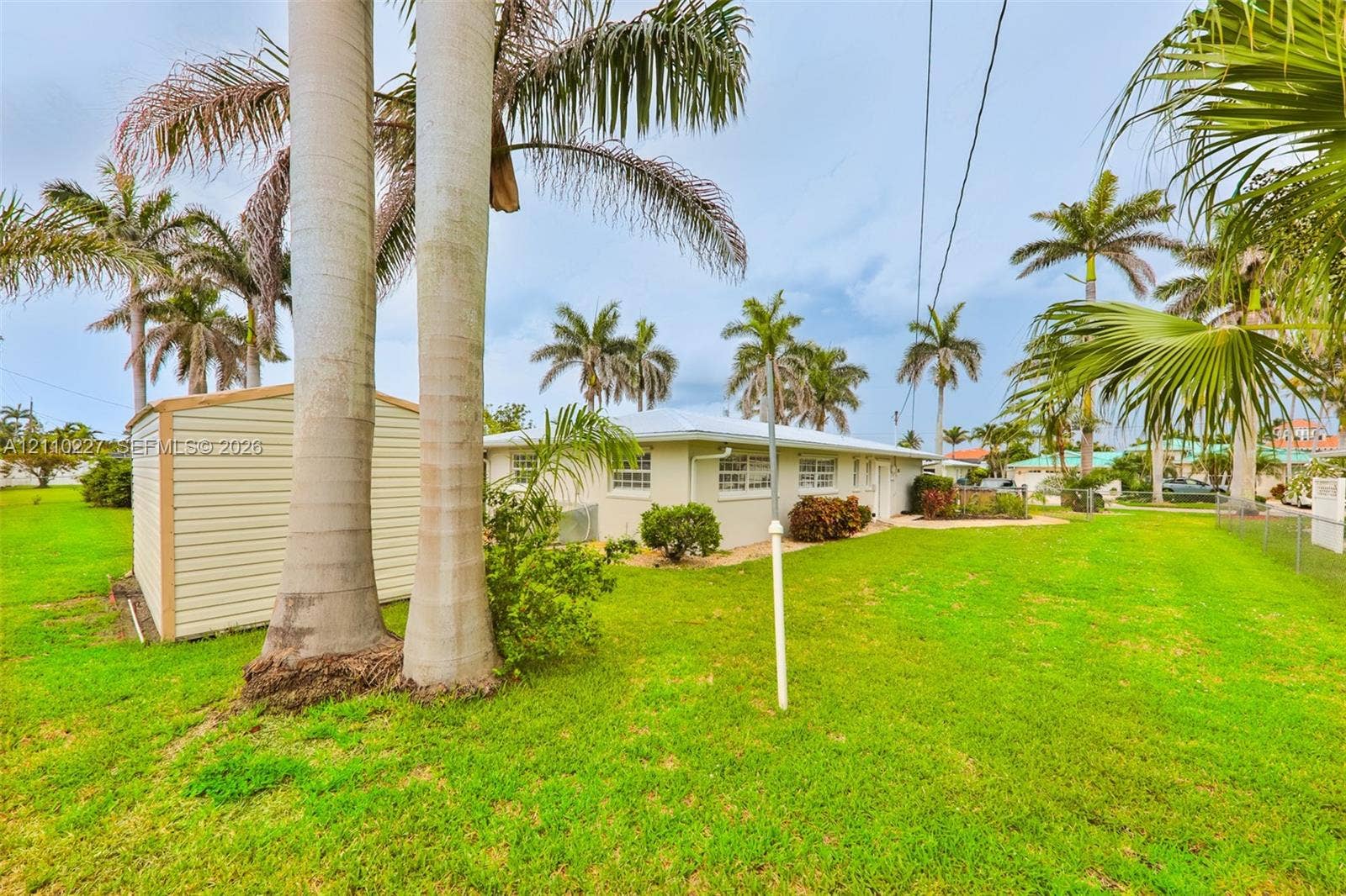 450 Bayshore Drive, Cape Coral, FL 33904 Expansive grass lawn featuring mature palm trees and a detached metal storage structure
