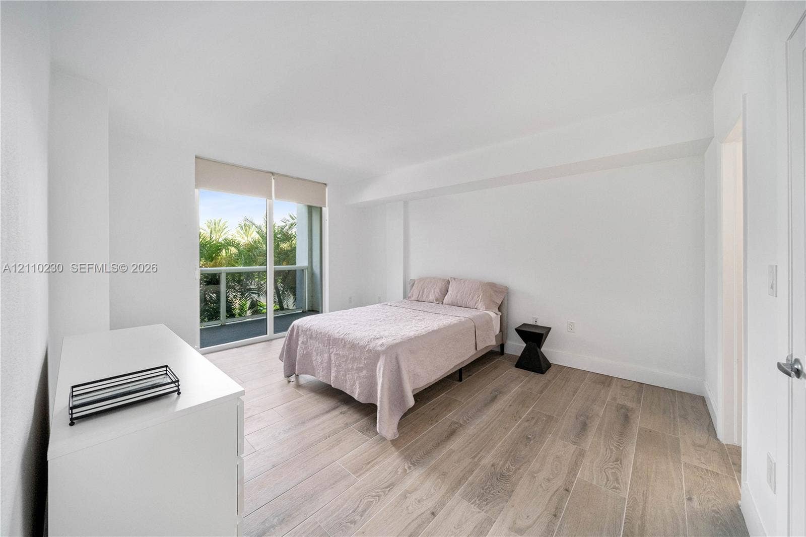 Interior space featuring wood-finish flooring, neutral wall tones, and a floor-to-ceiling glass sliding door providing outdoor access