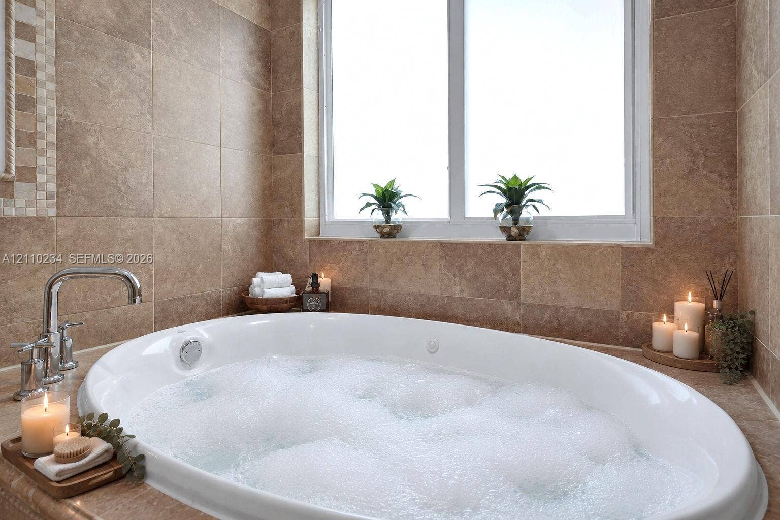Oval soaking tub featuring a deck-mounted chrome faucet, set within stone-tiled wall surrounds and a window-integrated ledge