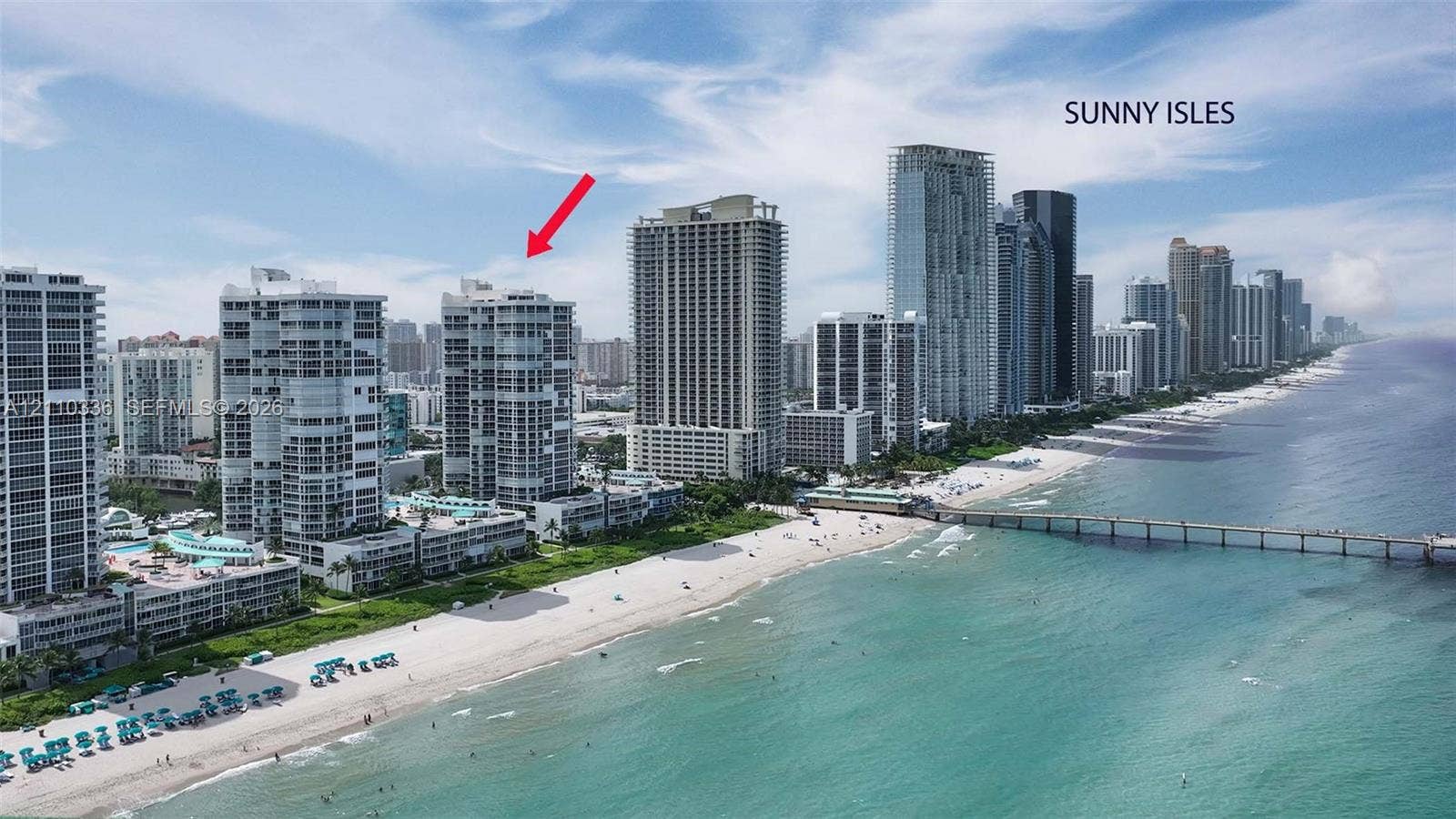 16445 Collins Avenue, #WS-7B, Sunny Isles Beach, Sunny Isles Beach, FL 33160 Aerial perspective of Sunny Isles coastal high-rise building with direct oceanfront proximity