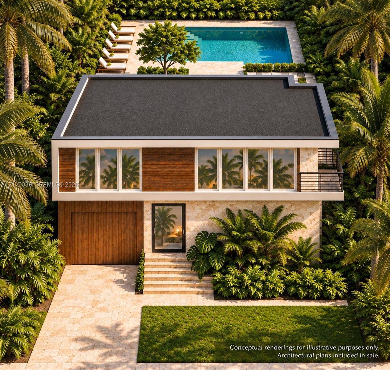 Contemporary two-story exterior featuring stone veneer siding, wood-finish paneling, multi-panel windows, and a private upper-level balcony with metal railing