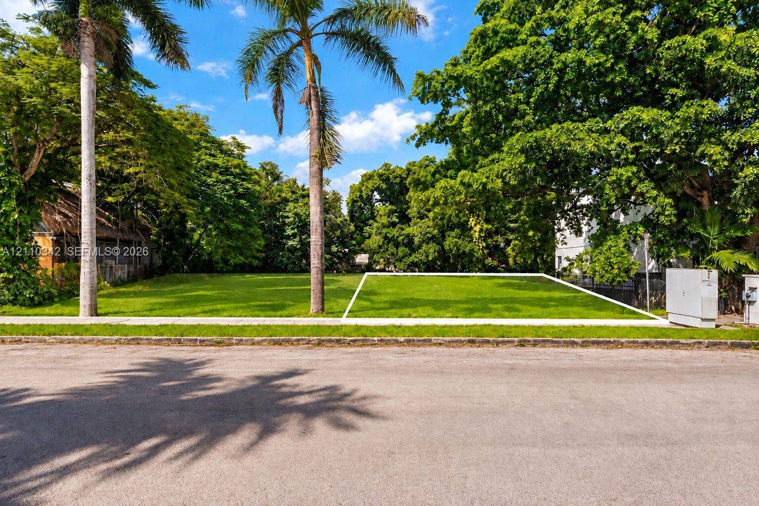 1030 NW 9th Court, Miami, FL 33136 Cleared parcel featuring established palm and deciduous trees, bordered by a paved public roadway and concrete sidewalk