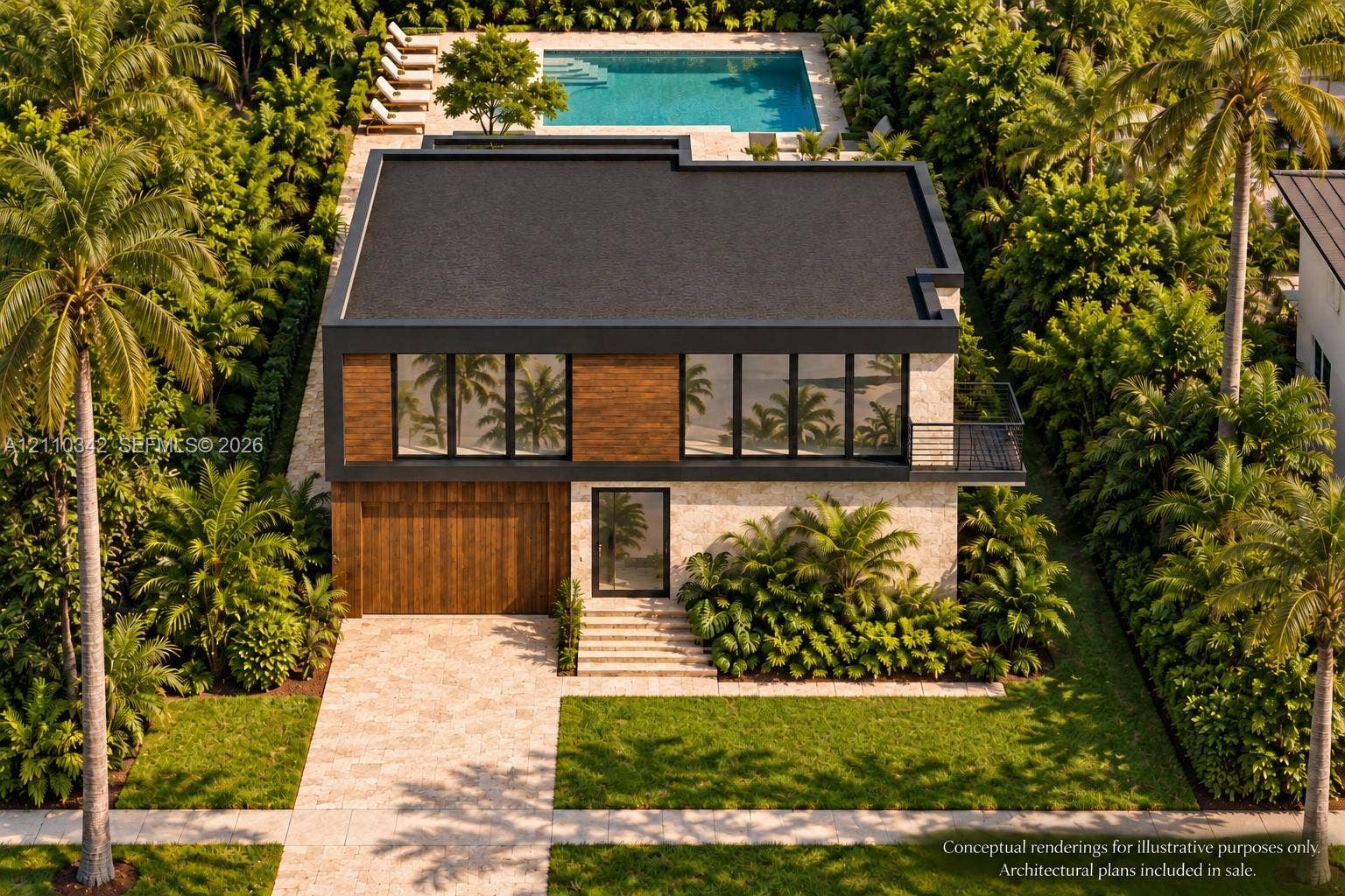 1030 NW 9th Court, Miami, FL 33136 Two-story contemporary residence featuring stone-veneer exterior cladding, wood-finish paneling, an integrated garage, a private swimming pool, and stone paver hardscaping