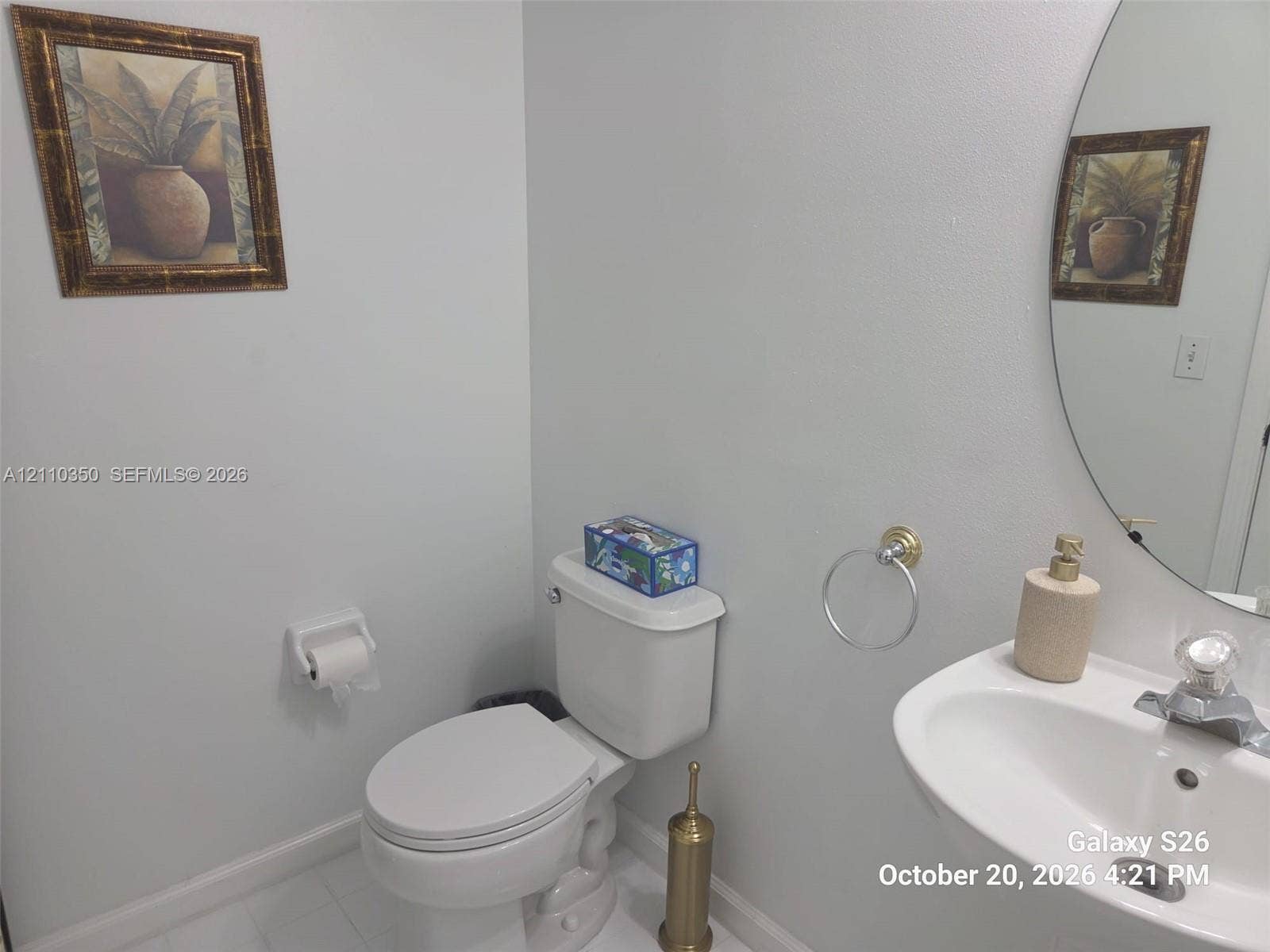 Wall-mounted oval mirror, pedestal sink with chrome-finish faucet, and rounded bowl toilet