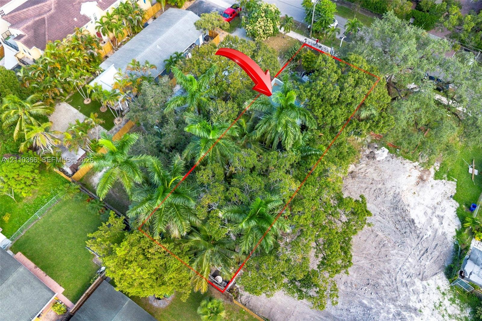 2361 SW 18th Avenue, Fort Lauderdale, FL 33315 Aerial perspective of a residential lot featuring dense mature canopy, multiple established palm trees, and cleared terrain