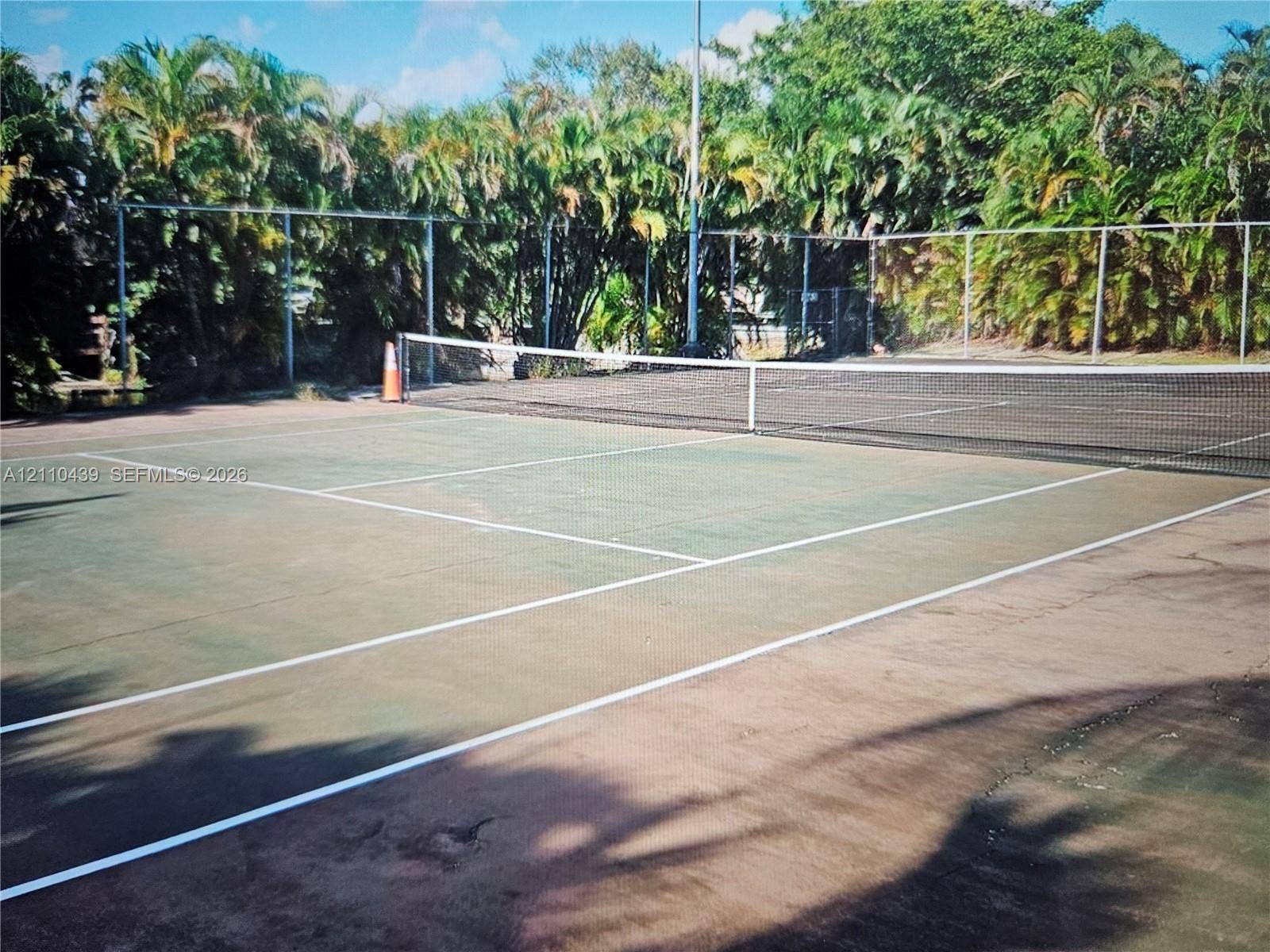 Hard-surface tennis court featuring a perimeter fence and mature surrounding trees