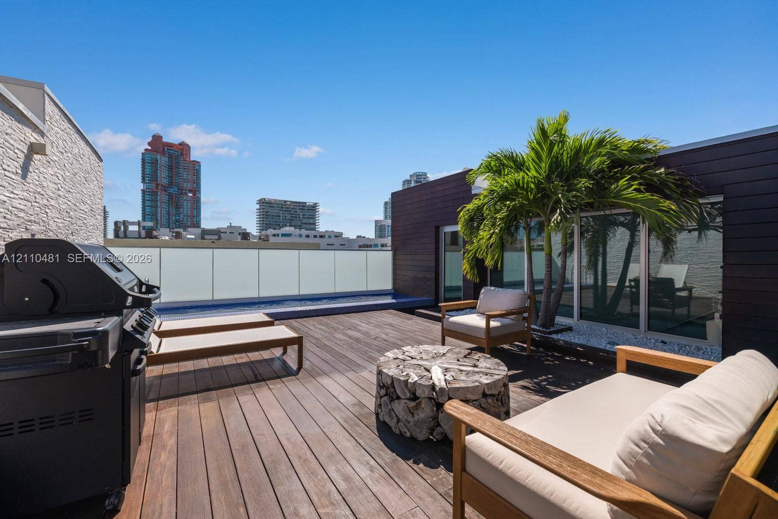 234 Washington Avenue, #D, Miami Beach, FL 33139 Rooftop terrace featuring wood decking, a built-in plunge pool, opaque glass railing, and dark horizontal wood-finish siding