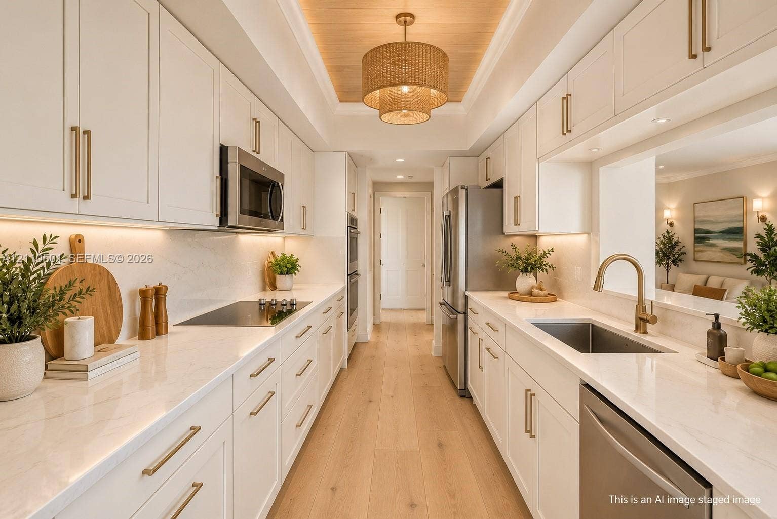 Ai generated Kitchen featuring white shaker-style cabinetry with gold-tone hardware, stone countertops, wood-finish flooring, recessed lighting, and a coffered ceiling with a tiered drum pendant light