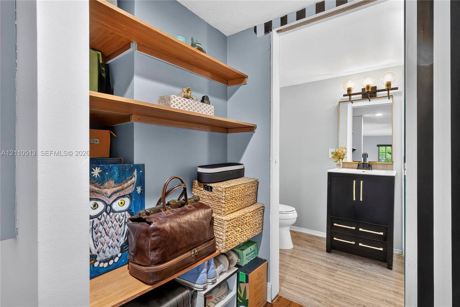 6520 SW 16th Terrace, West Miami, FL 33155 Built-in wall shelving, modern black vanity with gold-tone hardware, rectangular mirror with integrated vanity lighting, and wood-finish flooring