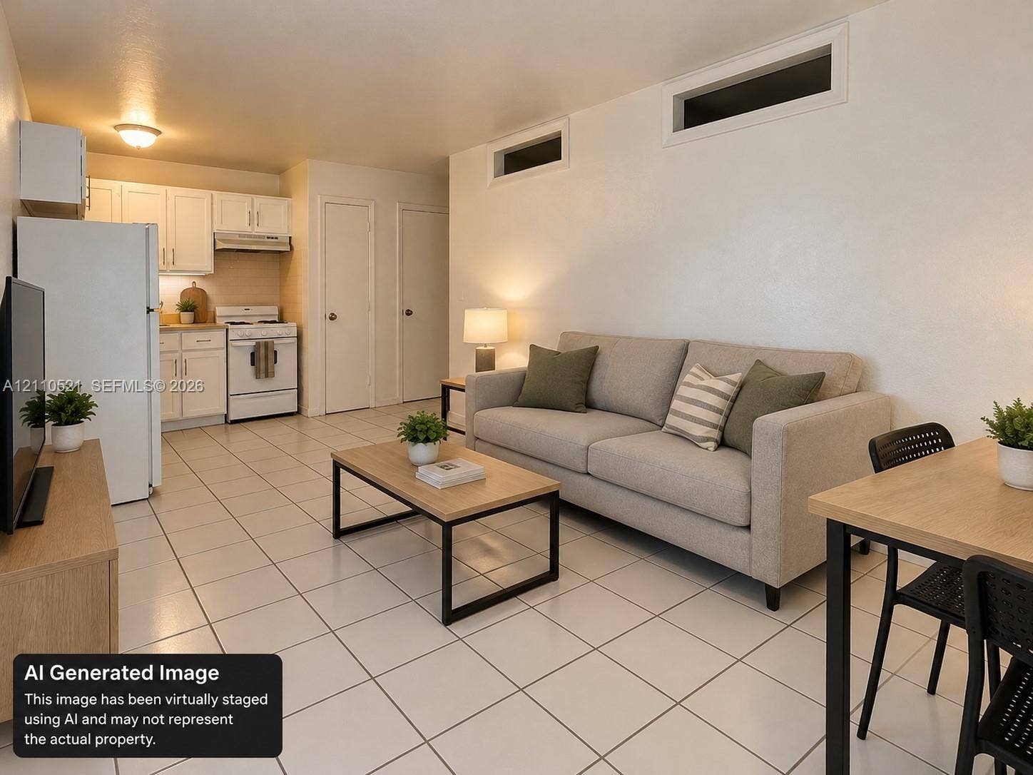 2228 Grant Street, #3, Hollywood, Hollywood, FL 33020 Open-concept kitchen featuring white cabinetry, light-toned countertops, and a white range, finished with ceramic tile flooring and high-placed rectangular windows