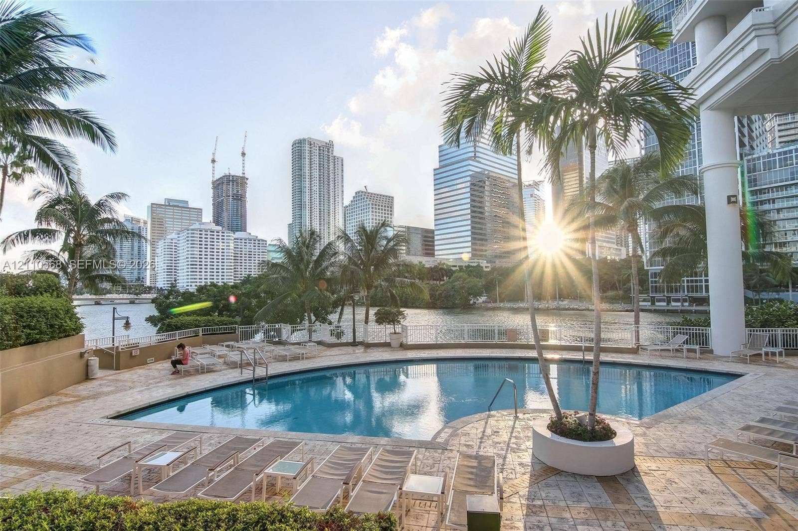 801 Brickell Key Boulevard, #2006, Miami, FL 33131 Swimming pool with stone-tiled decking, integrated landscaping featuring palm trees, and metal perimeter railing against a waterfront and urban skyline backdrop