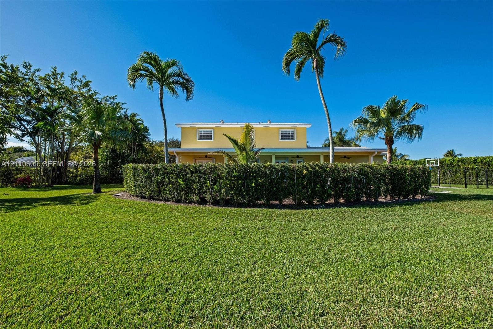 Expansive lawn featuring perimeter hedge landscaping, mature palm trees, and a two-story exterior