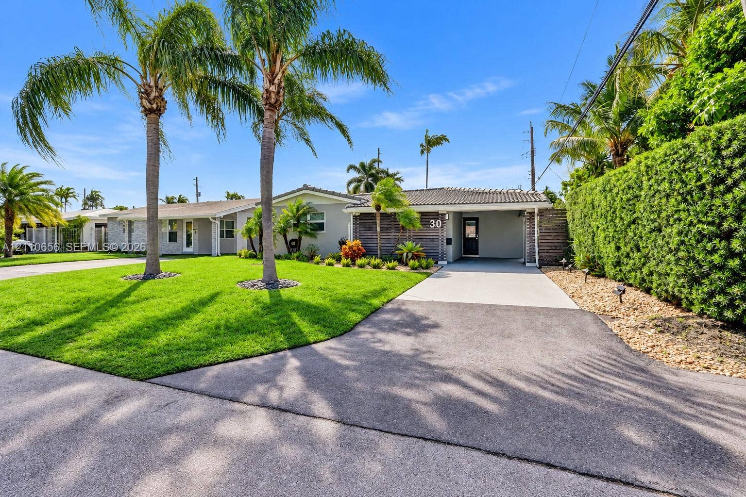 30 NE 48th Court, Oakland Park, FL 33334 Single-story residence featuring a paved driveway, covered entryway, mature palm trees, and manicured landscaping