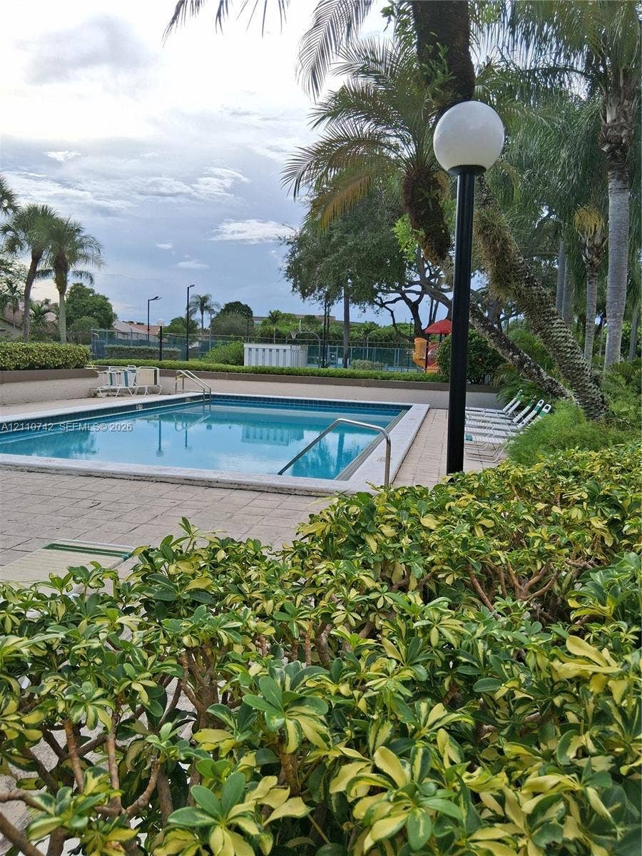 In-ground swimming pool with tile surround, paved decking, manicured shrubbery, mature palms, and metal perimeter fencing
