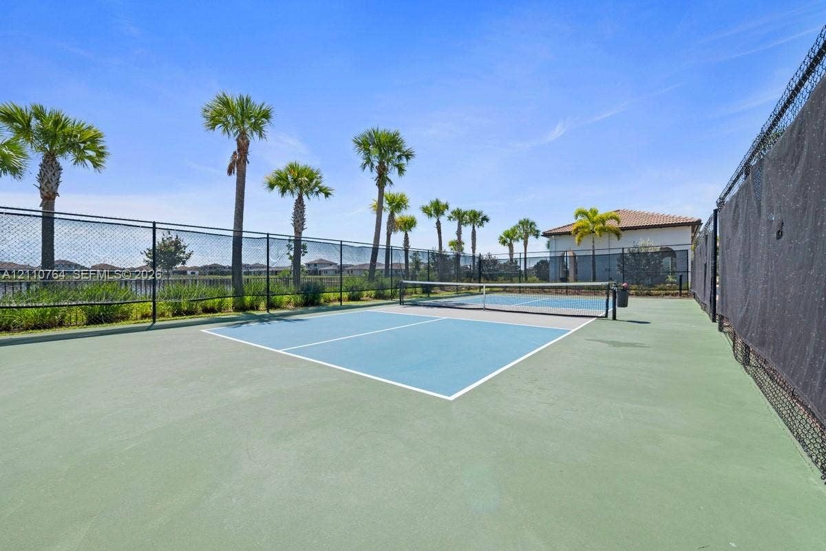 Recreational sports court featuring a multi-toned surface, perimeter chain-link fencing, and palm tree landscaping