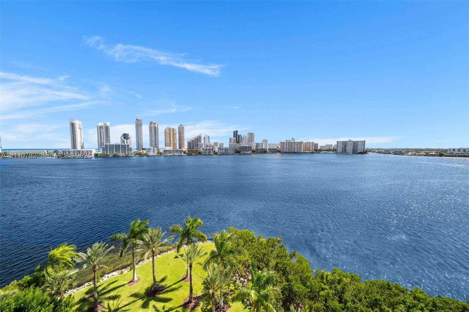 Waterfront property featuring a manicured lawn, mature palm trees, and an expansive aquatic horizon