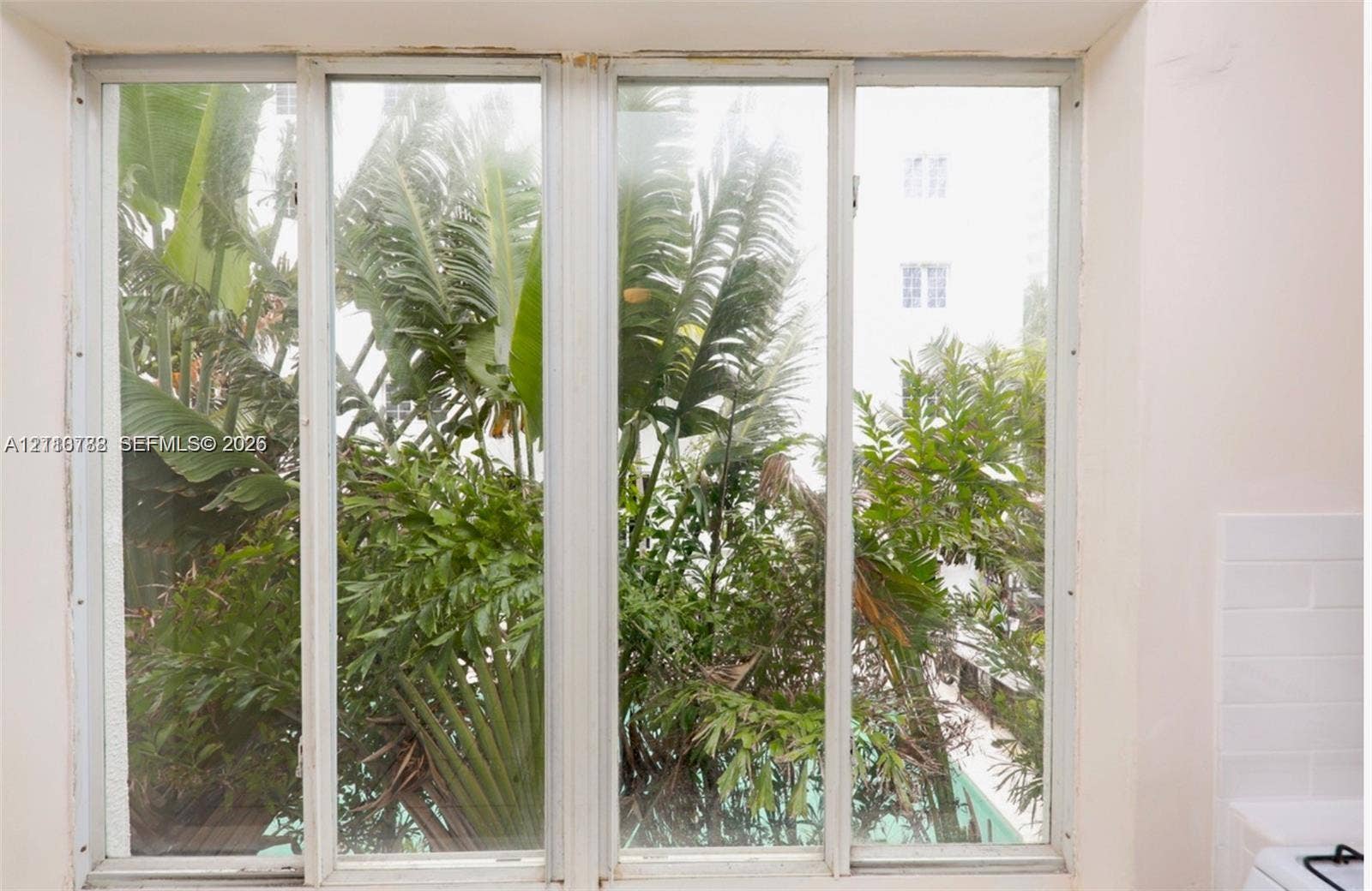 3710 Collins Avenue, #N-202, Miami Beach, FL 33140 Large multi-pane window with white frames, white subway tile backsplash, and tropical foliage exterior